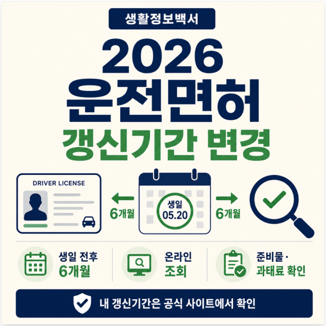 2026년 운전면허 갱신기간이 생일 전후 6개월로 변경된 내용을 설명하는 이미지