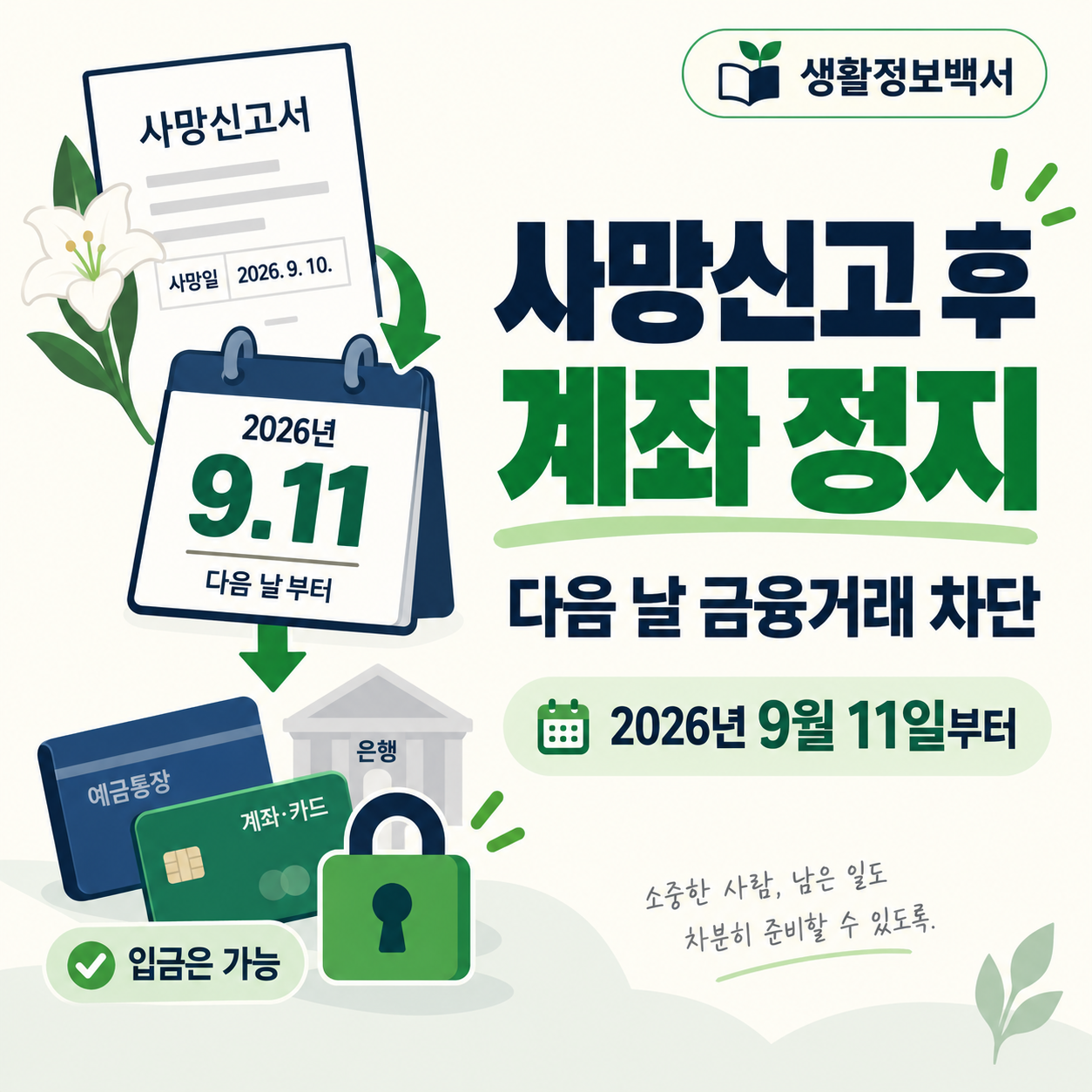 사망신고 후 다음 날 금융거래 자동 차단 안내