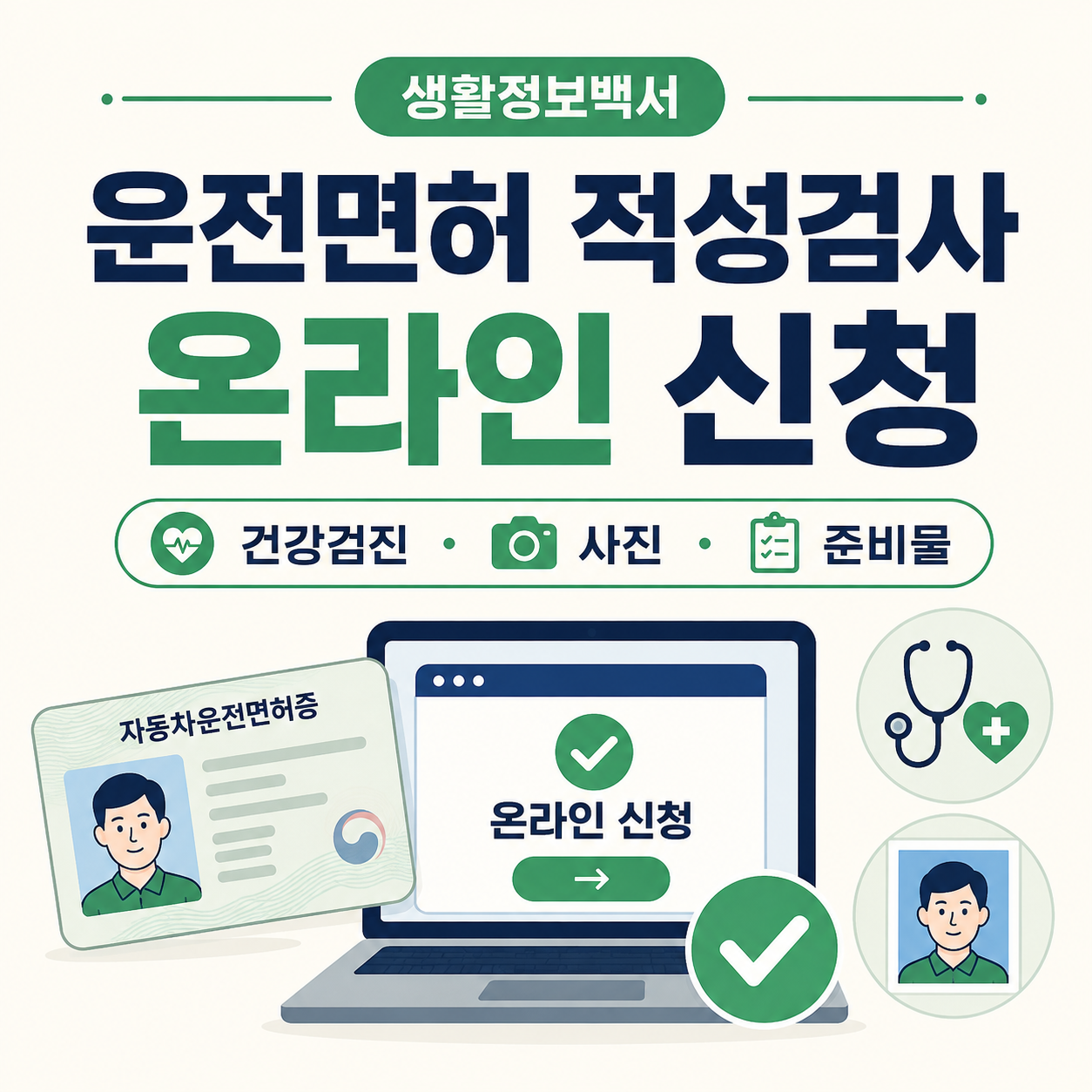 운전면허 적성검사 온라인 신청과 건강검진 사진 준비물을 안내하는 이미지