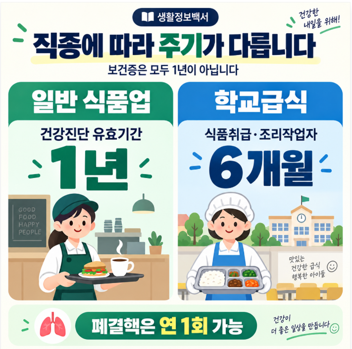 보건증 건강진단 주기 비교 - 일반 식품업 1년, 학교급식 식품취급·조리작업자 6개월