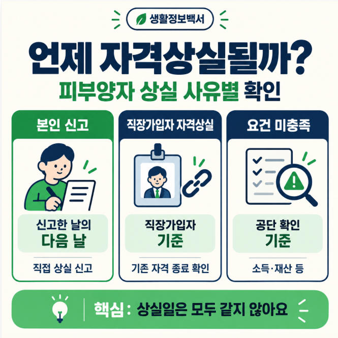 건강보험 피부양자 자격상실 사유별 상실일 비교 - 본인 신고·직장가입자 자격상실·소득재산 요건 미충족