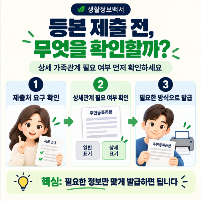 주민등록등본 제출 전 세대주와의 관계 일반 표기와 상세 표기 선택 기준