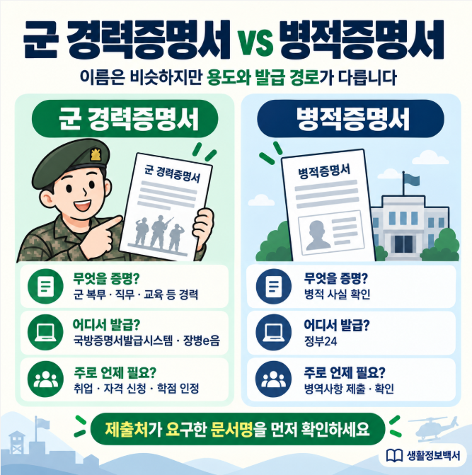 군 경력증명서와 병적증명서 발급 목적과 경로 차이 비교 인포그래픽